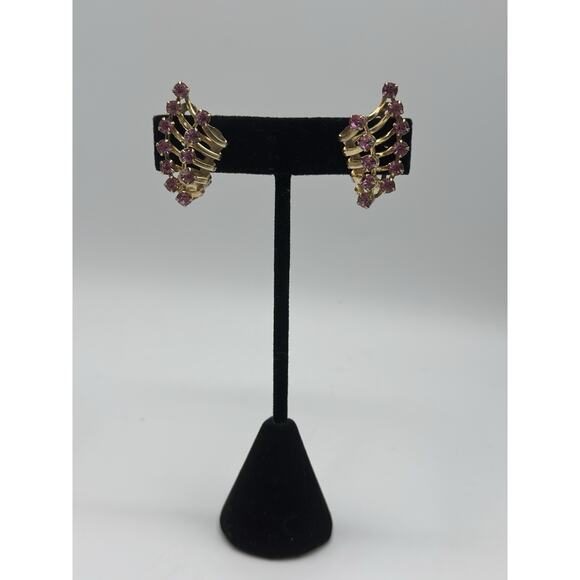 Vintage Gold Tone Pink Rhinestone Wing Clip On Earrings - Picture 1 of 4
